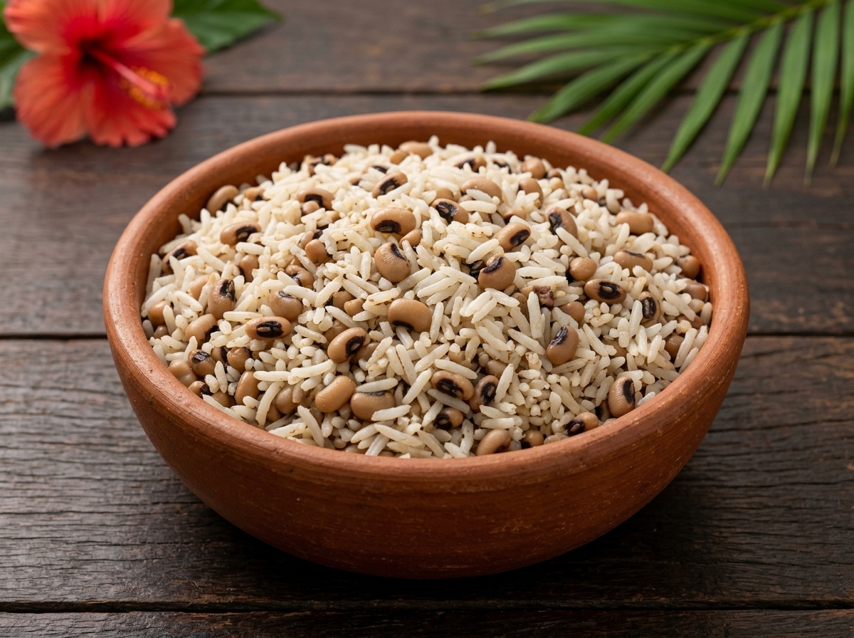 Porção de baião de dois com arroz e feijão