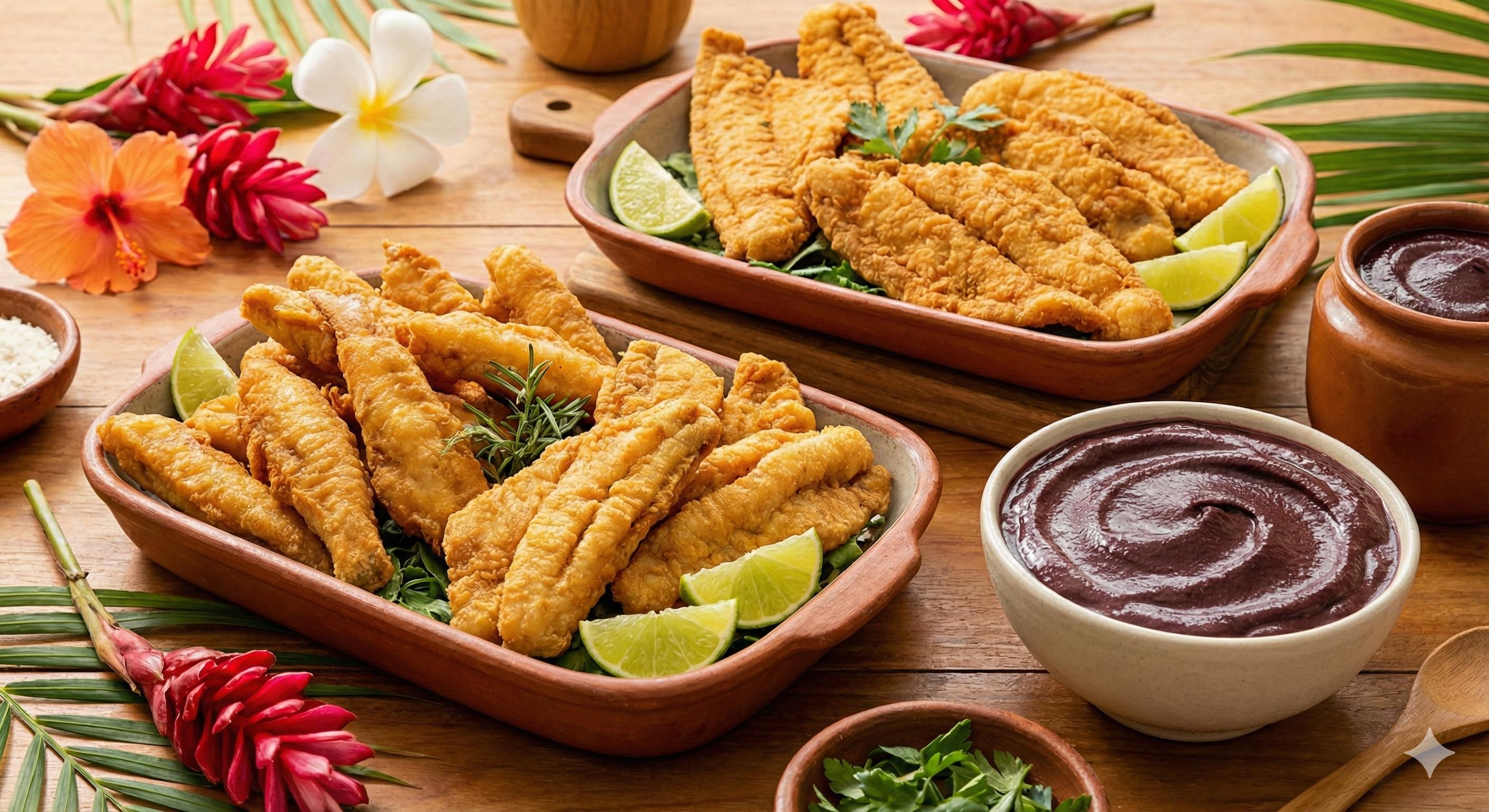 Peixe frito crocante e açaí da Delícias Fritas